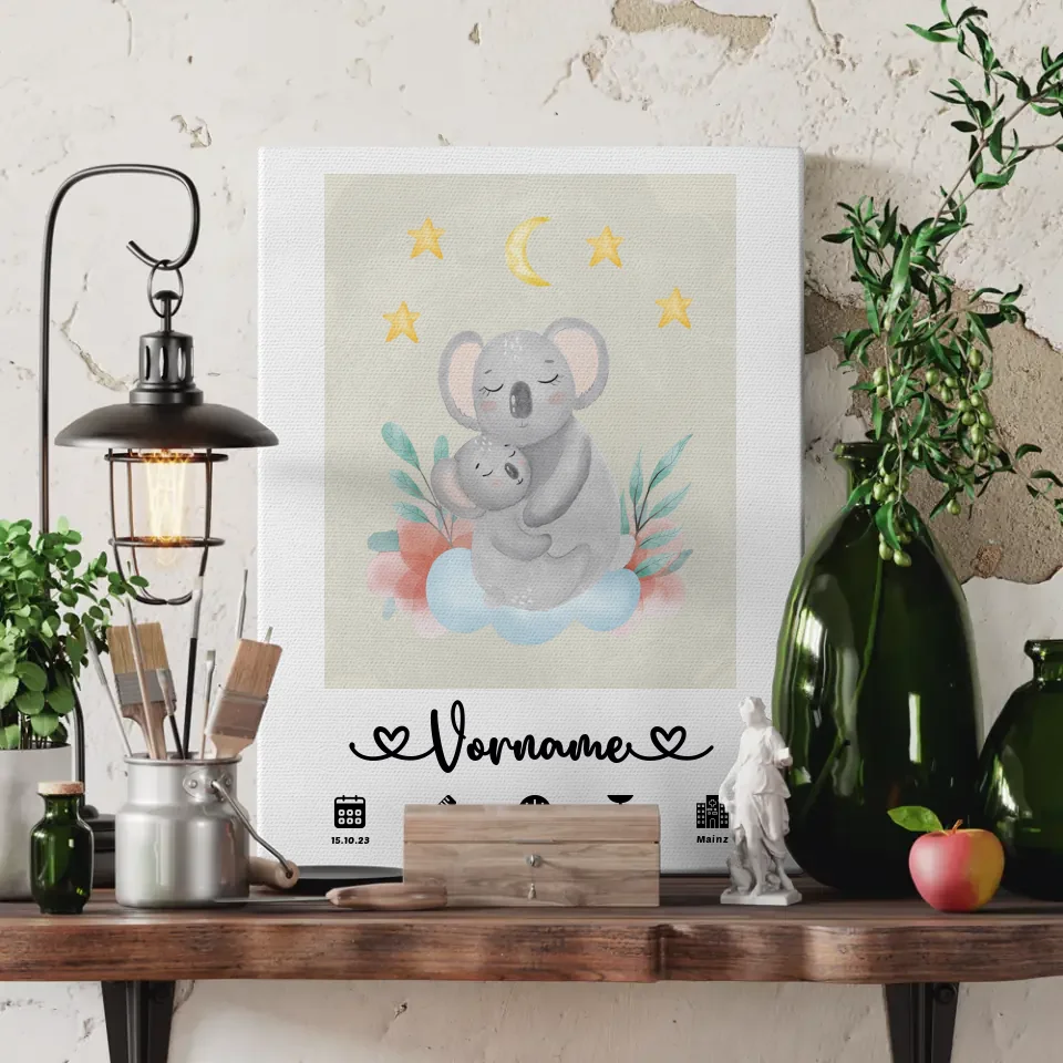 Personalisiertes Leinwand Geburt Koala Mama Cremeweiß mit Name