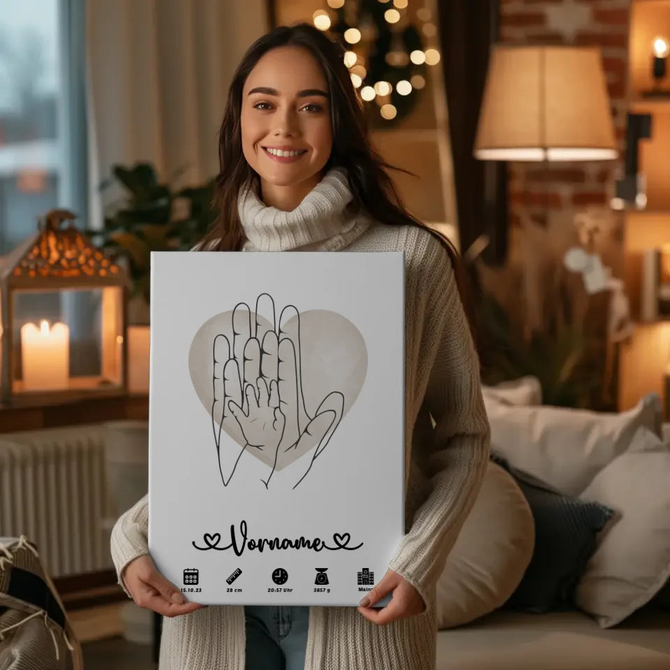 Personalisierte Leinwand Geburt Wasserfarben Herz Hände Lineart Kinderzimmer 2