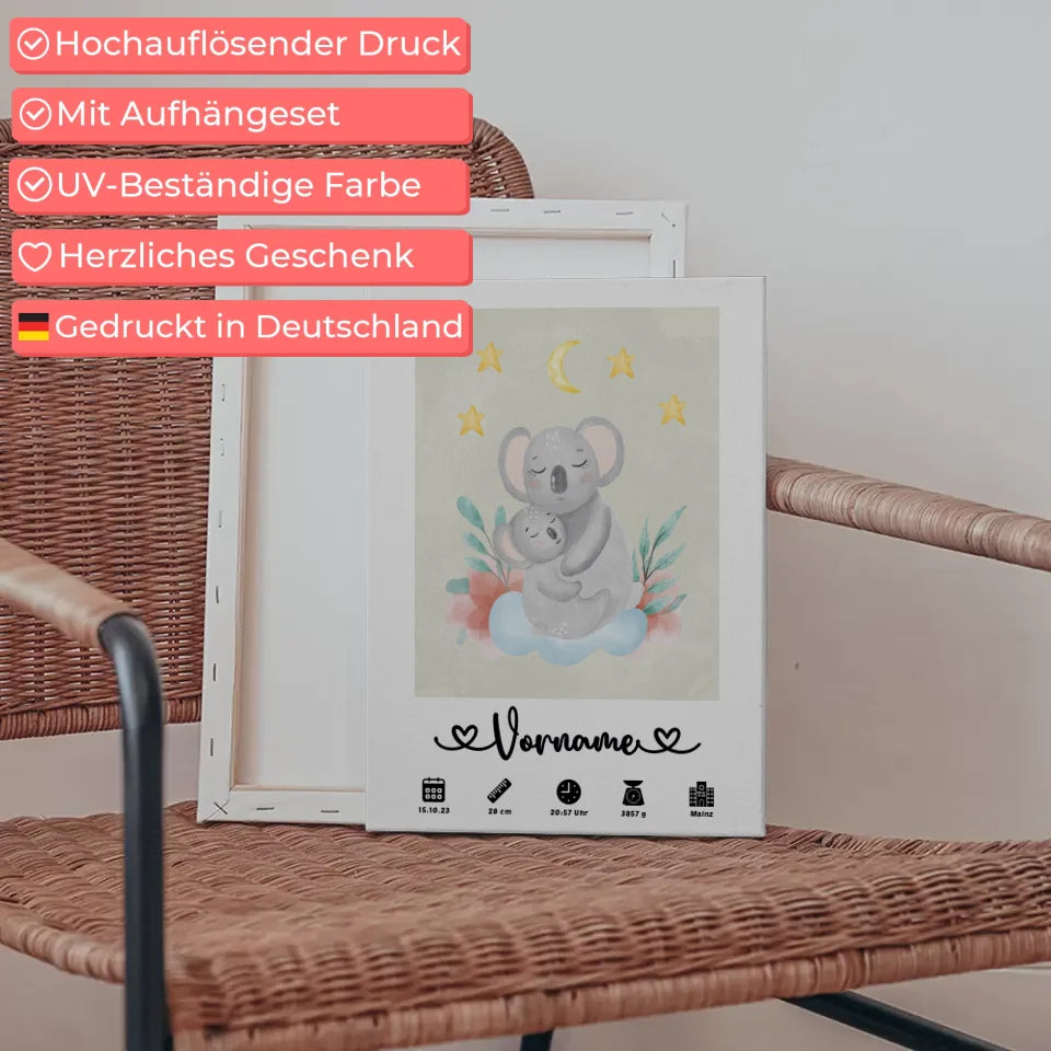 Personalisiertes Leinwand Geburt Koala Mama Cremeweiß mit Name