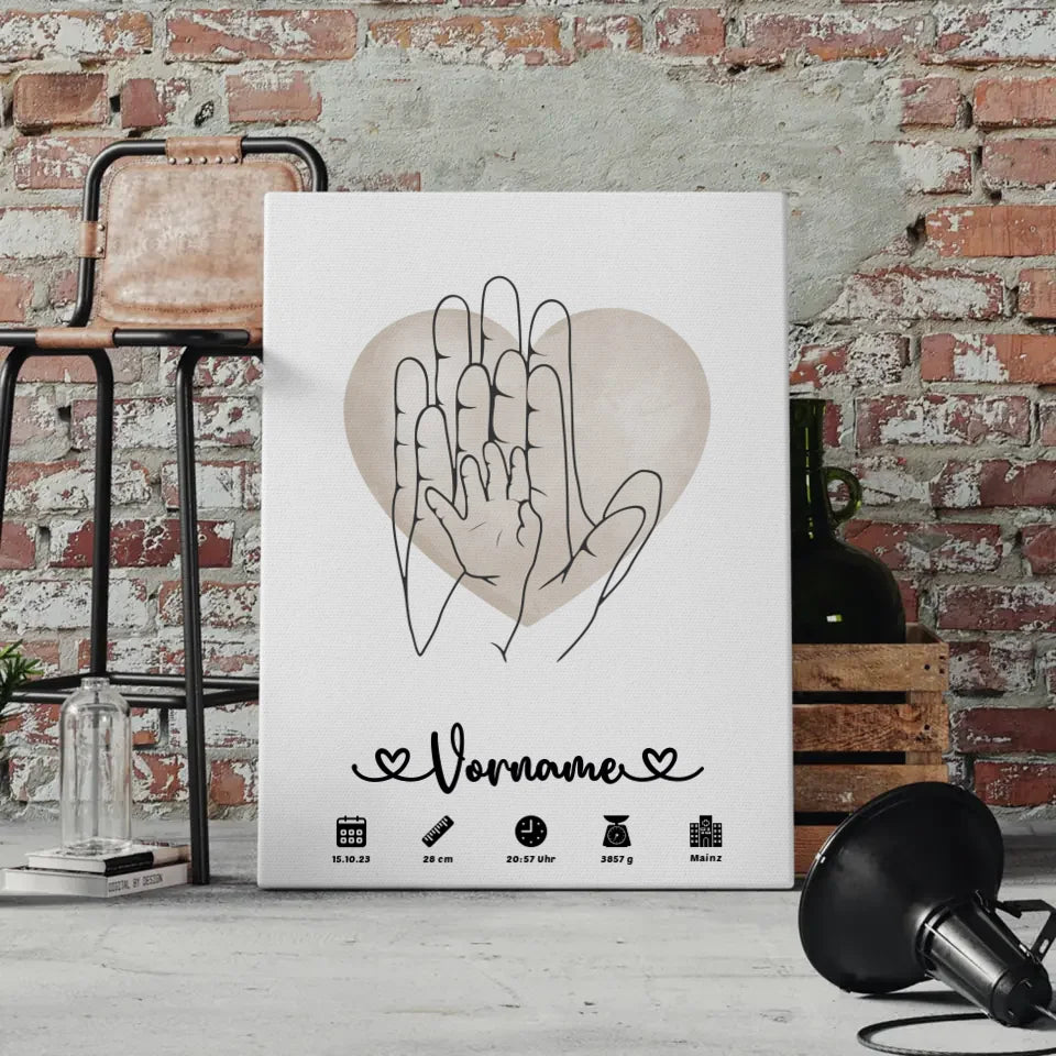 Personalisierte Leinwand Geburt Wasserfarben Herz Hände Lineart Kinderzimmer 4