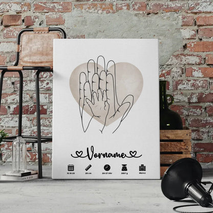 Personalisierte Leinwand Geburt Wasserfarben Herz Hände Lineart Kinderzimmer 4
