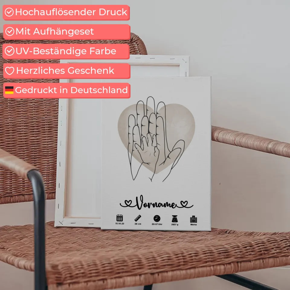 Personalisierte Leinwand Geburt Wasserfarben Herz Hände Lineart Kinderzimmer 5