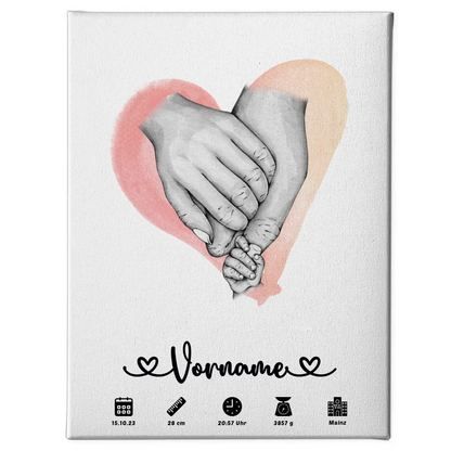 Geburtsleinwand personalisiert mit Geburtsdaten Wasserfarben Rot Hände 1