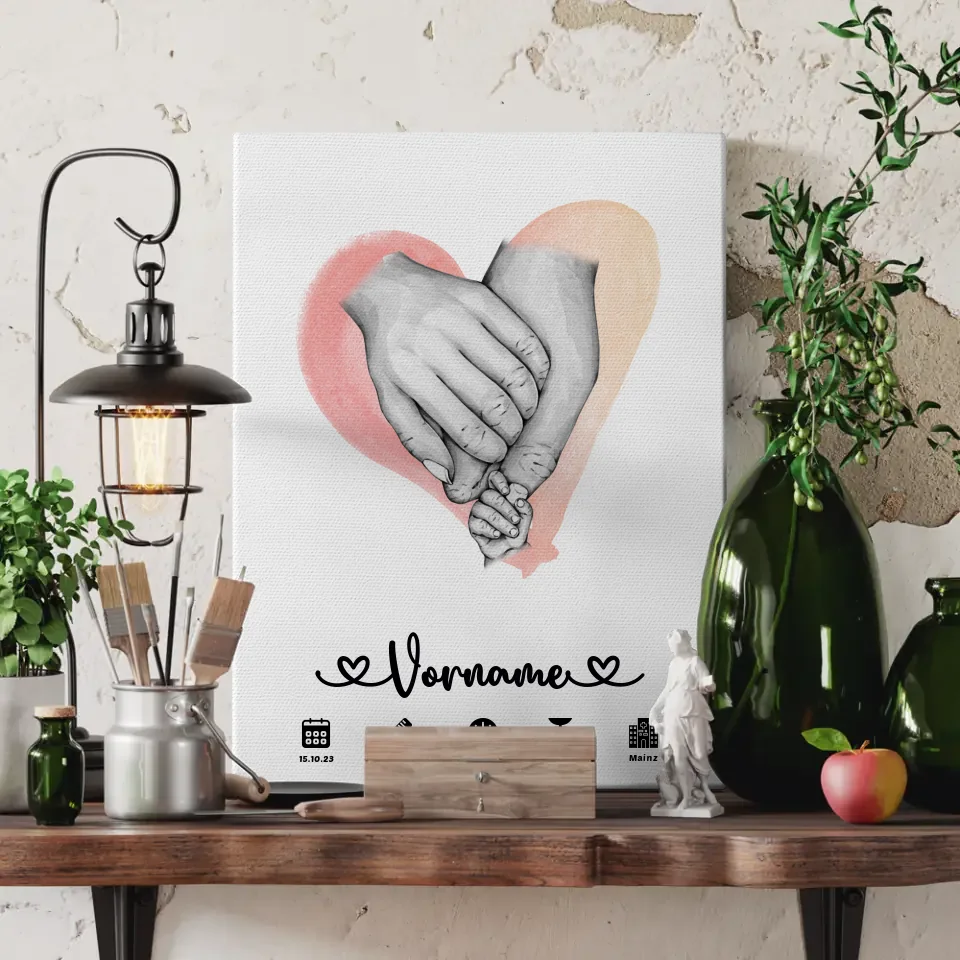 Geburtsleinwand personalisiert mit Geburtsdaten Wasserfarben Rot Hände 3