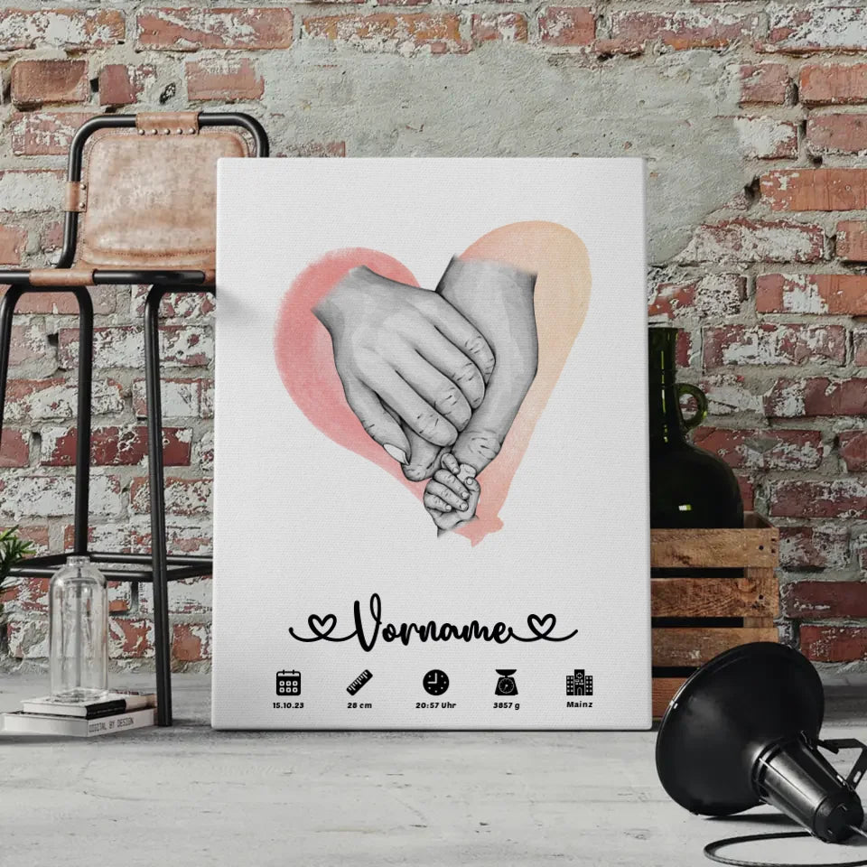 Geburtsleinwand personalisiert mit Geburtsdaten Wasserfarben Rot Hände 4