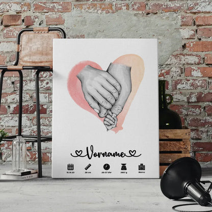 Geburtsleinwand personalisiert mit Geburtsdaten Wasserfarben Rot Hände 4