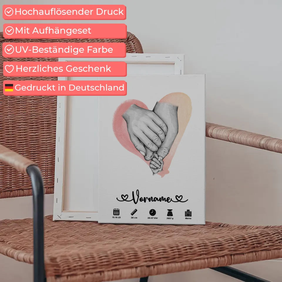 Geburtsleinwand personalisiert mit Geburtsdaten Wasserfarben Rot Hände 5