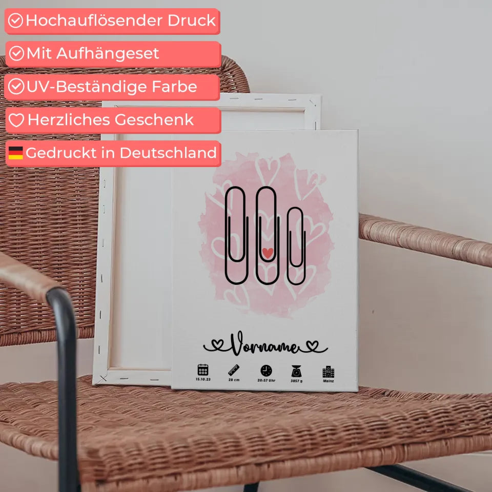 Geburtsleinwand Personalisiert Herzchen Rosa mit Namen Klammern