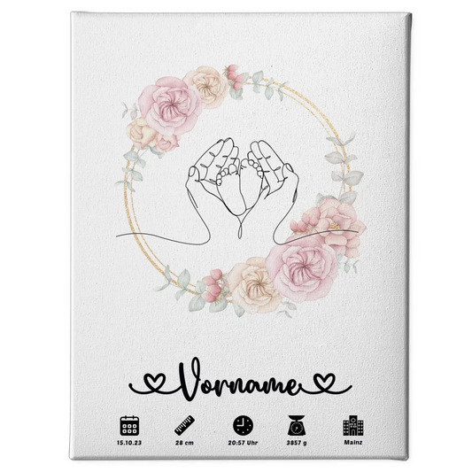 Personalisierte Geburtsleinwand Floral Kreis mit Babyfüßen Lineart