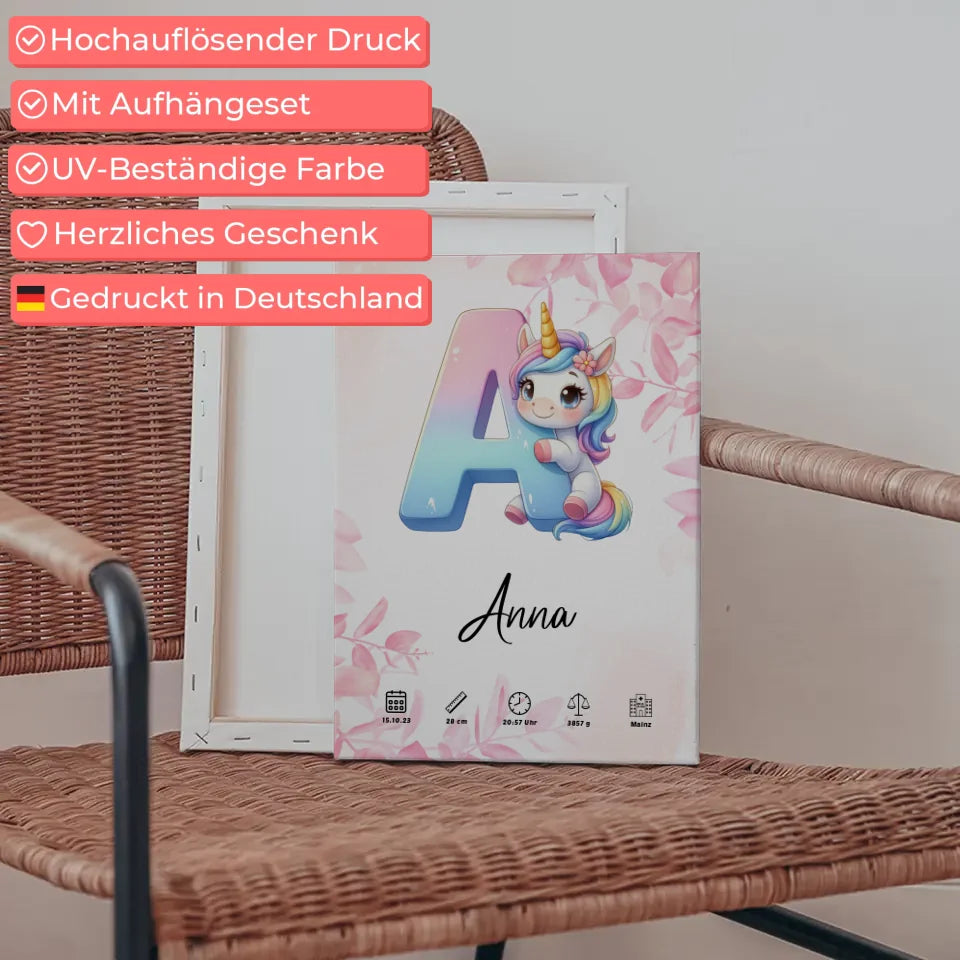 Personalisierte Leinwand Buchstabe A Rosa Floral für Geburt A-Z