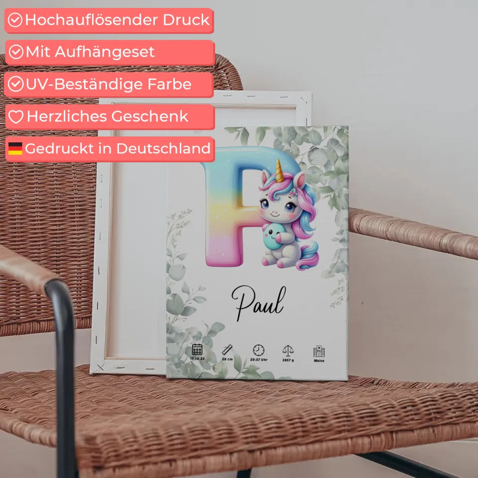 Personalisierte Leinwand mit Buchstabe P und Eukalyptus für Geburt