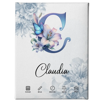 Personalisierte Leinwand Buchstabe C Blüten Blau Anfangsbuchstaben 1