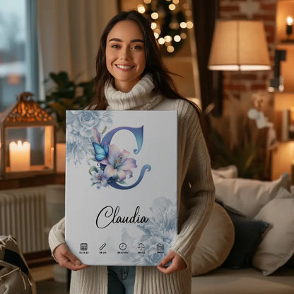 Personalisierte Leinwand Buchstabe C Blüten Blau Anfangsbuchstaben 2