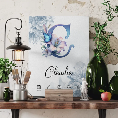 Personalisierte Leinwand Buchstabe C Blüten Blau Anfangsbuchstaben 3