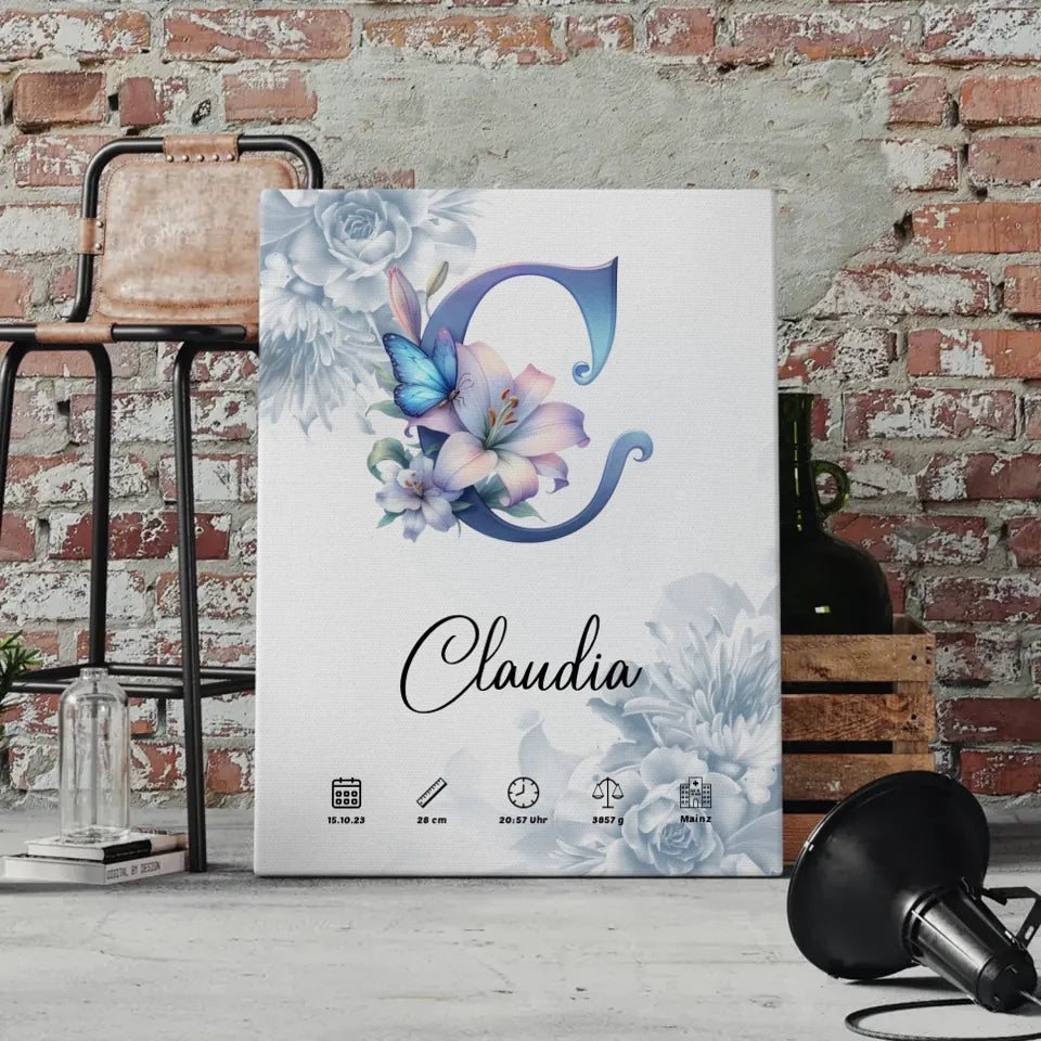 Personalisierte Leinwand Buchstabe C Blüten Blau Anfangsbuchstaben 4