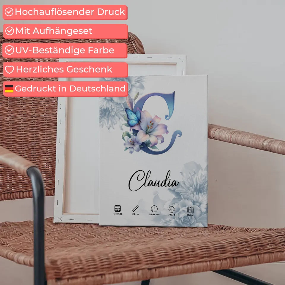 Personalisierte Leinwand Buchstabe C Blüten Blau Anfangsbuchstaben 5