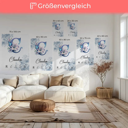 Personalisierte Leinwand Buchstabe C Blüten Blau Anfangsbuchstaben 6