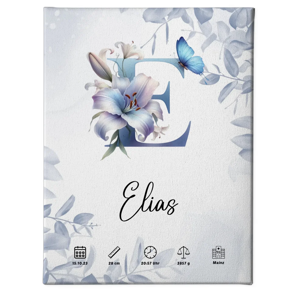 Personalisierte Leinwand Buchstabe E Eucalyptus Blau zur Geburt A-Z 1