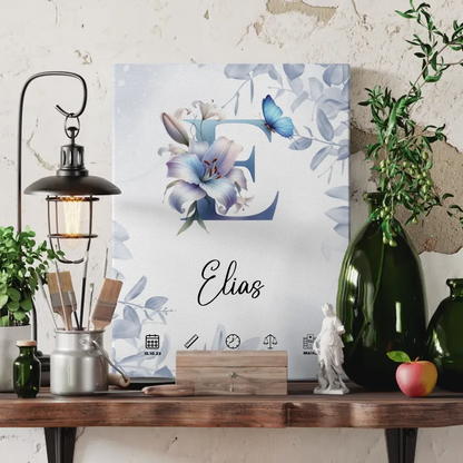 Personalisierte Leinwand Buchstabe E Eucalyptus Blau zur Geburt A-Z 3