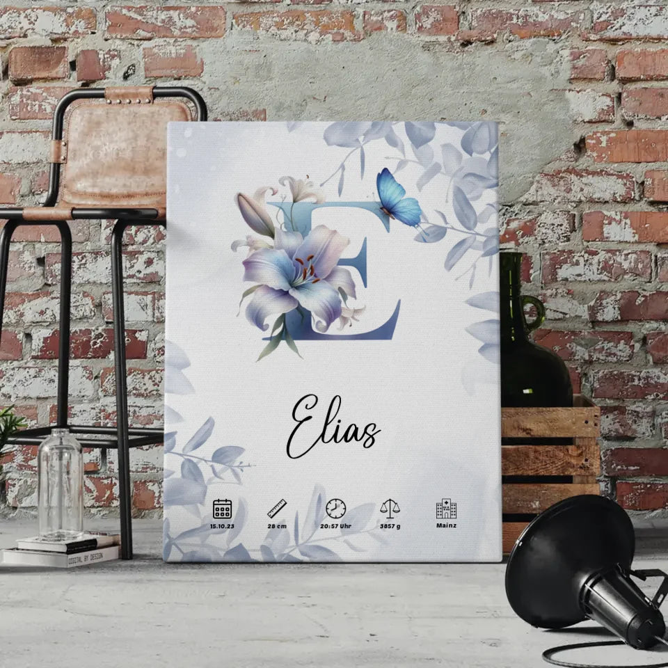 Personalisierte Leinwand Buchstabe E Eucalyptus Blau zur Geburt A-Z 4