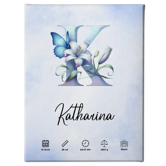 Personalisierte Leinwand Buchstabe K Wasserfarben Stil Hellblau 1