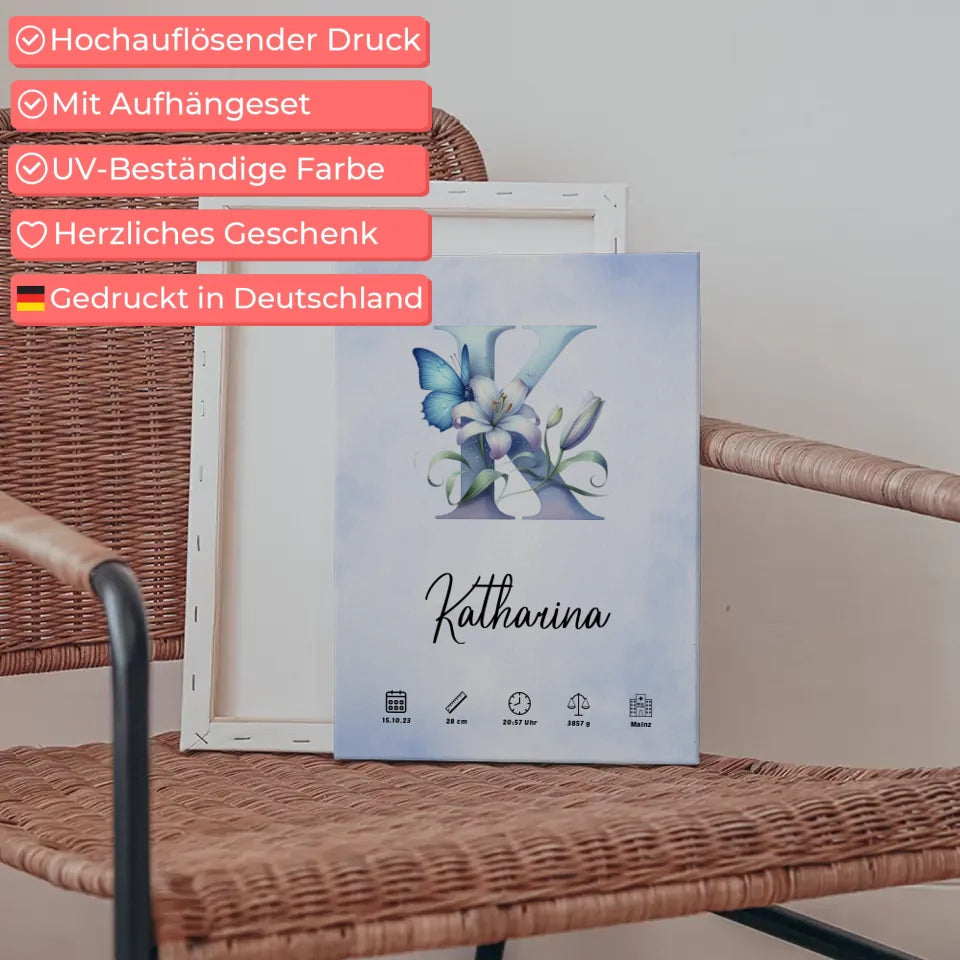 Personalisierte Leinwand Buchstabe K Wasserfarben Stil Hellblau