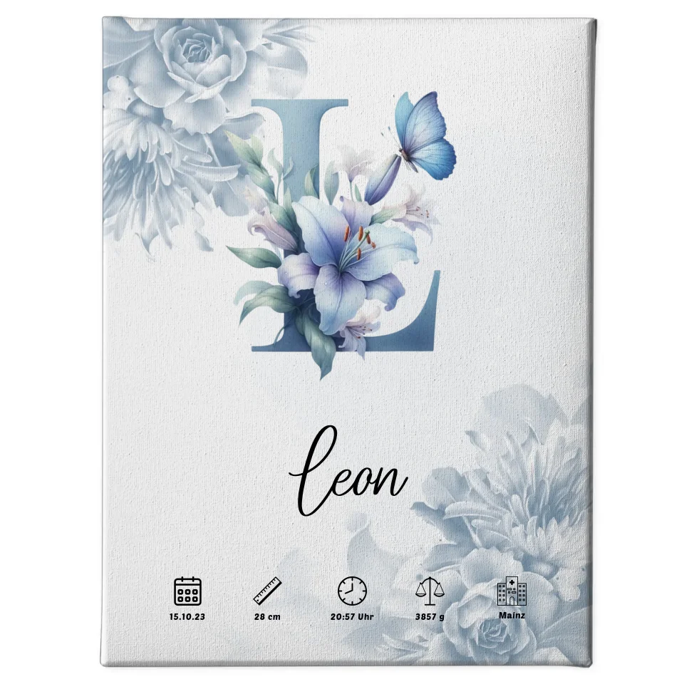 Personalisierte Leinwand Anfangsbuchstaben Buchstabe L Blüten Blau 1