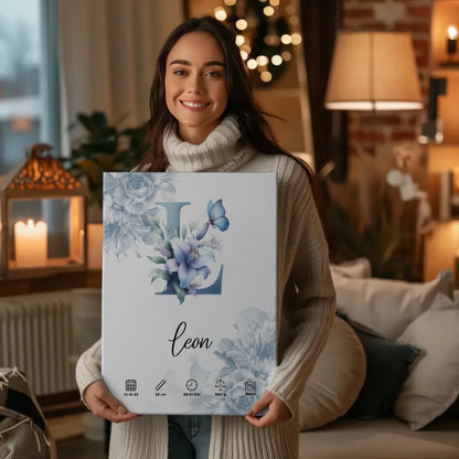 Personalisierte Leinwand Anfangsbuchstaben Buchstabe L Blüten Blau 2