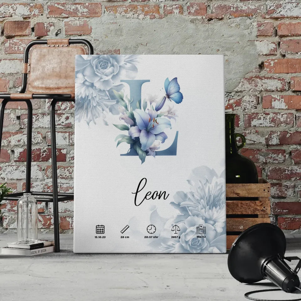 Personalisierte Leinwand Anfangsbuchstaben Buchstabe L Blüten Blau 4