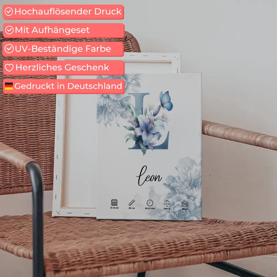 Personalisierte Leinwand Anfangsbuchstaben Buchstabe L Blüten Blau 5
