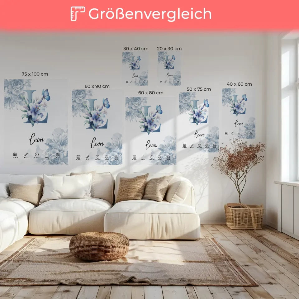 Personalisierte Leinwand Anfangsbuchstaben Buchstabe L Blüten Blau 6