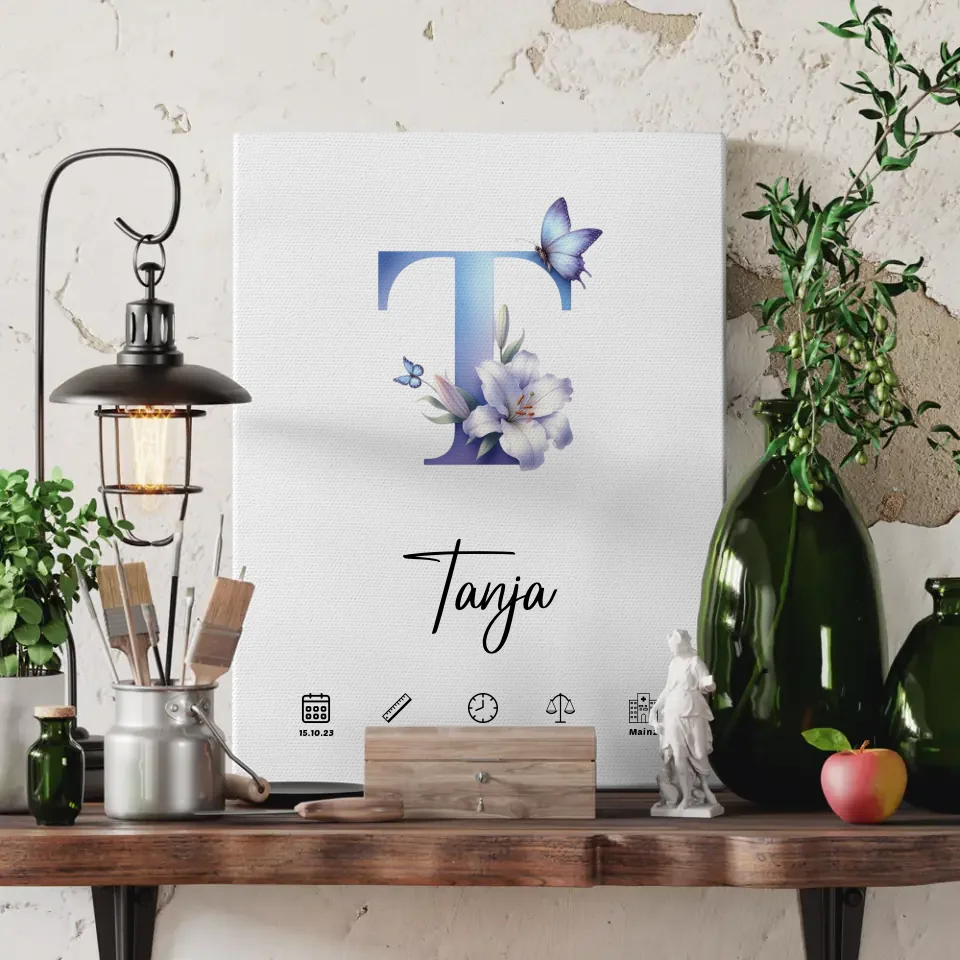 Personalisierte Buchstaben Leinwand mit Buchstabe T für Geburt A-Z 3