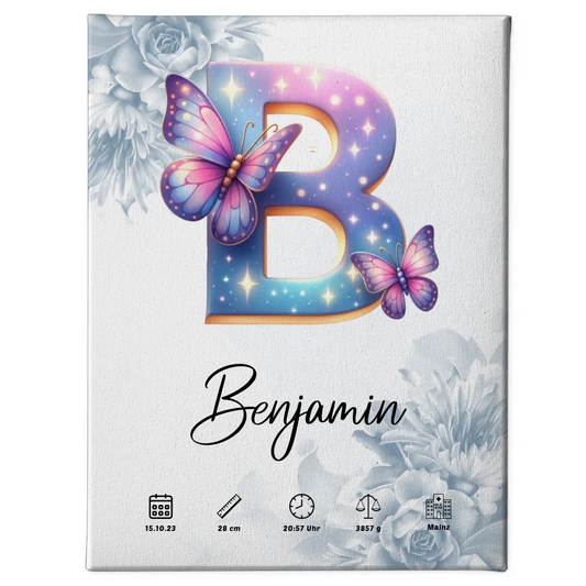 Personalisierte Leinwand Buchstabe B Blüten Blau Geburt A-Z 1
