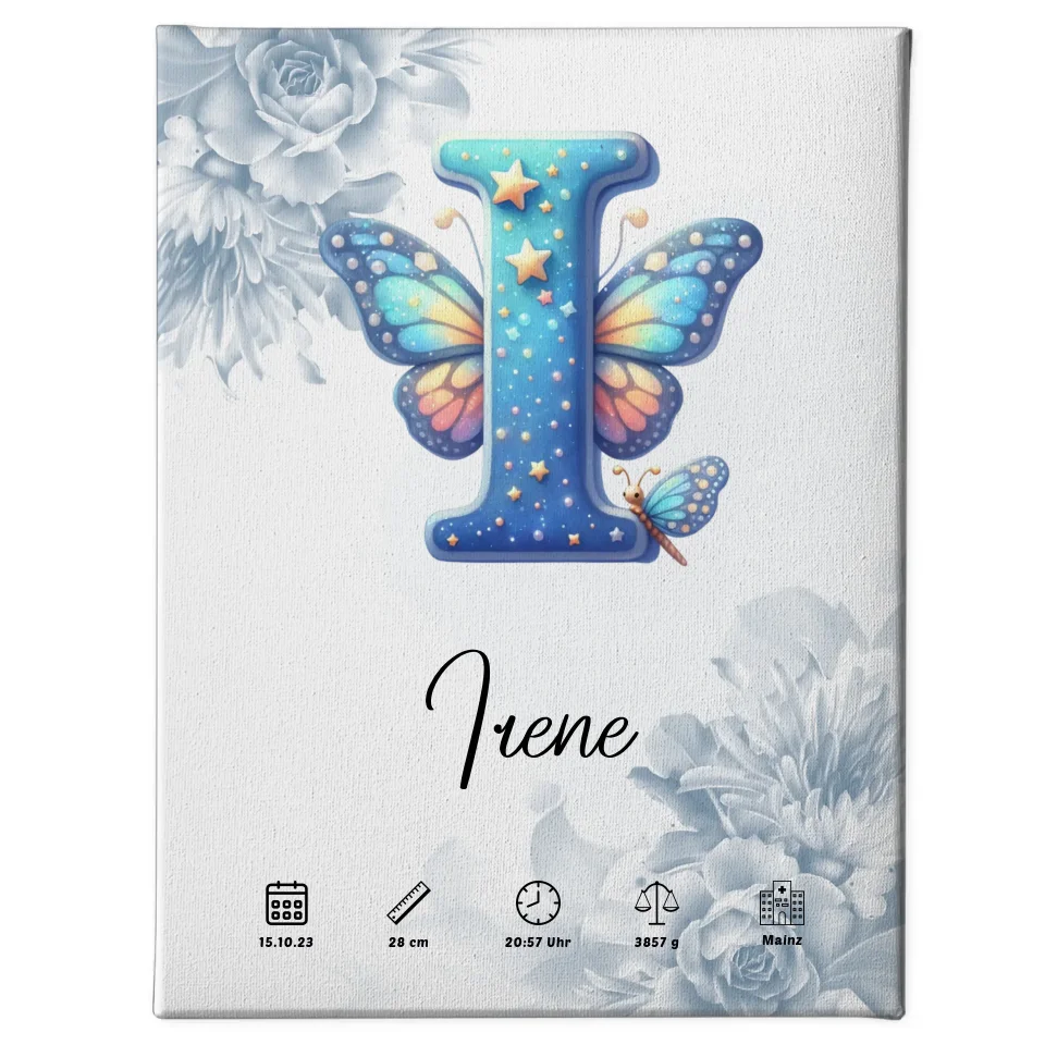 Personalisierte Leinwand Buchstabe I Blüten Blau für Geburt A-Z 1