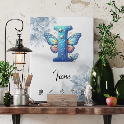 Personalisierte Leinwand Buchstabe I Blüten Blau für Geburt A-Z 3