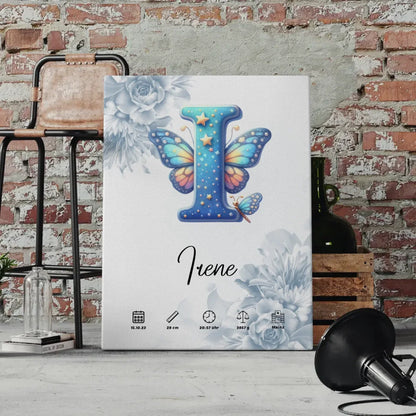 Personalisierte Leinwand Buchstabe I Blüten Blau für Geburt A-Z 4