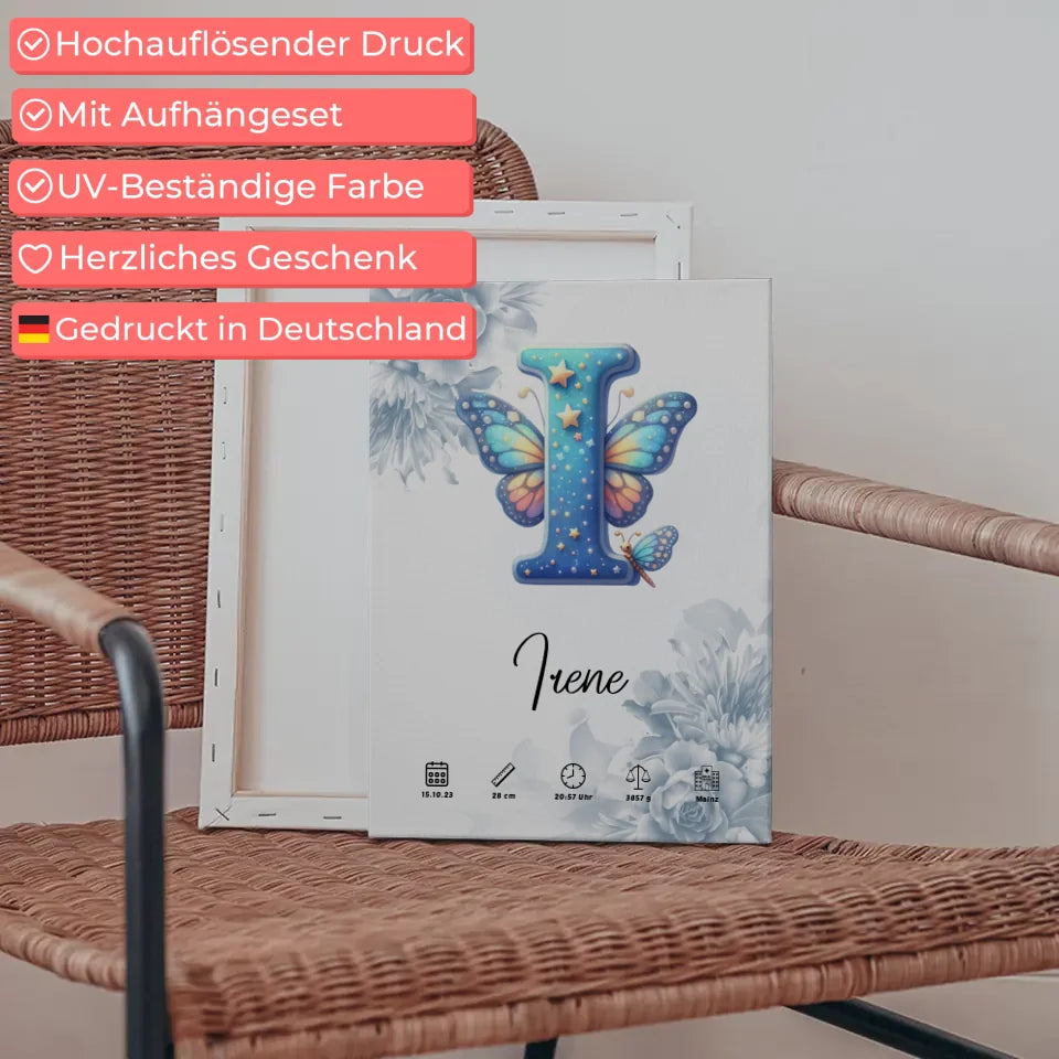 Personalisierte Leinwand Buchstabe I Blüten Blau für Geburt A-Z 5