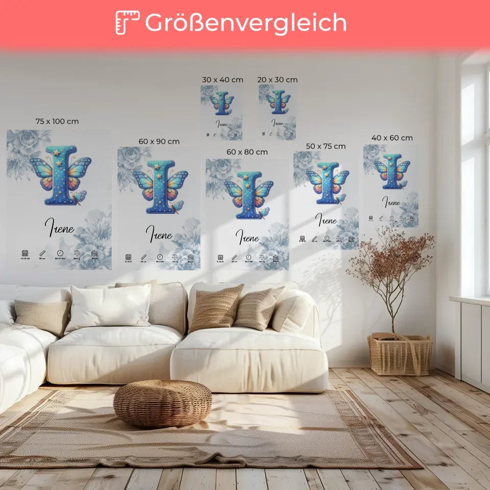 Personalisierte Leinwand Buchstabe I Blüten Blau für Geburt A-Z 6