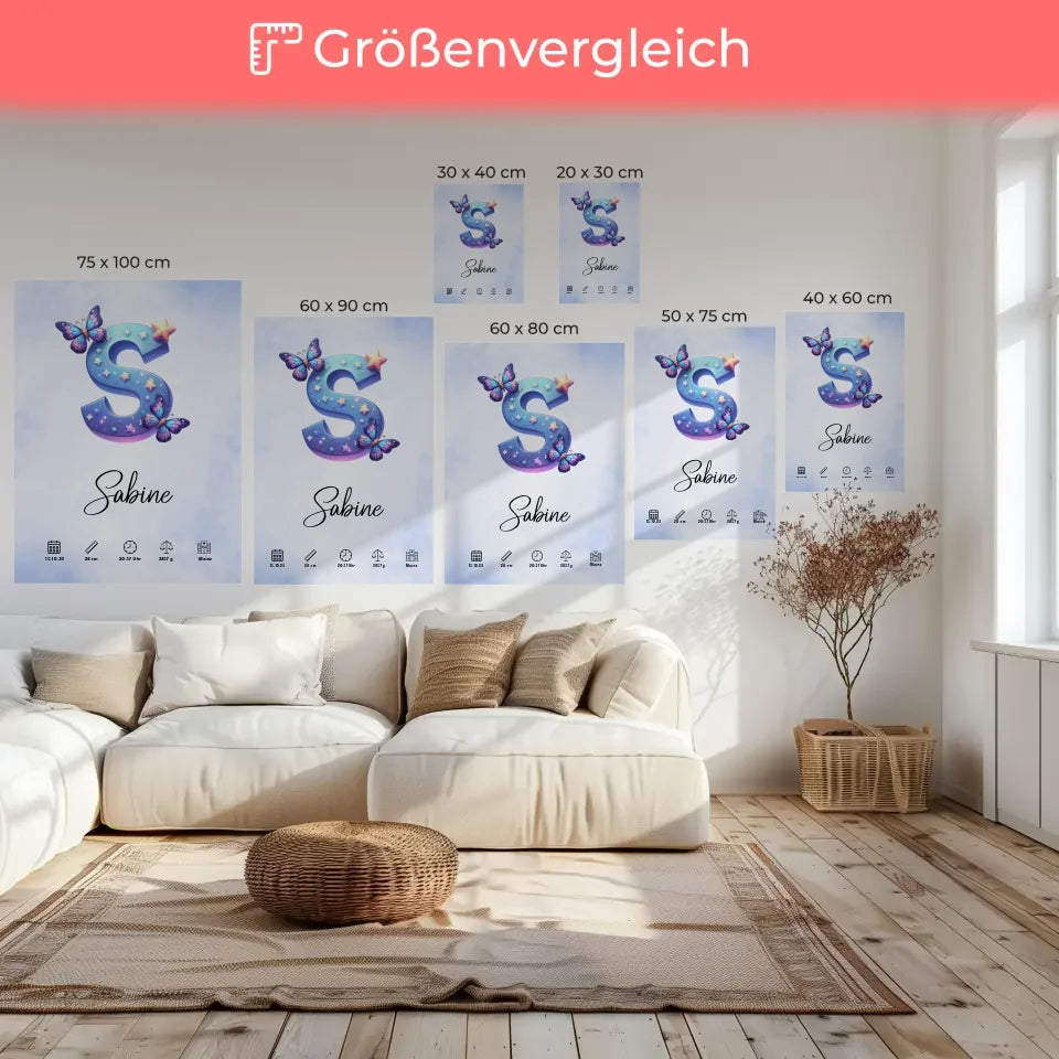 Personalisierte Leinwand mit Anfangsbuchstaben S im Wasserfarben Stil Hellblau