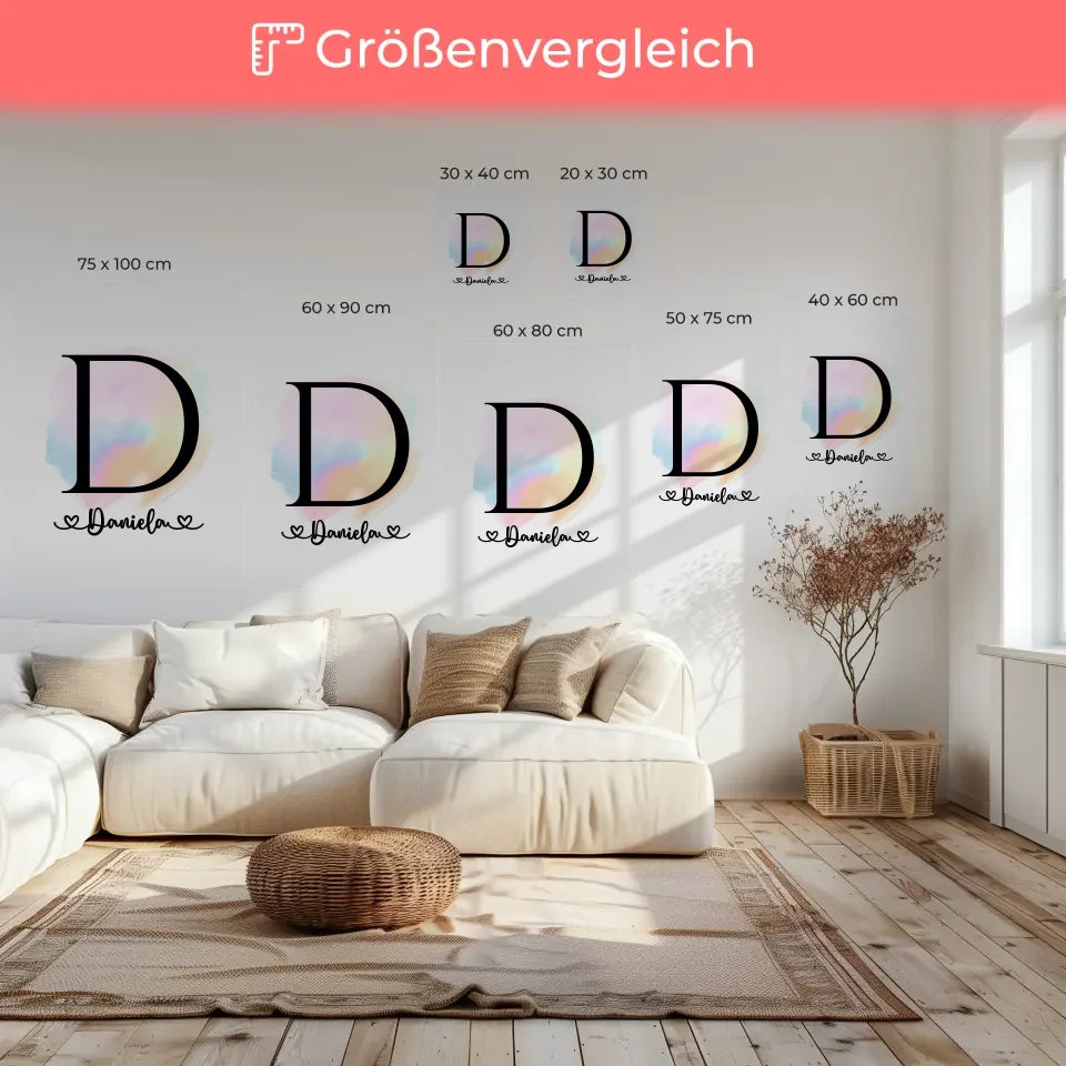 Personalisierte Leinwand Anfangsbuchstaben D mit Farbtupfer A-Z