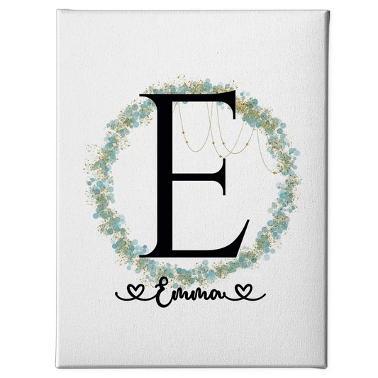 Personalisierte Leinwand mit Anfangsbuchstaben E und Blätter Kranz 1