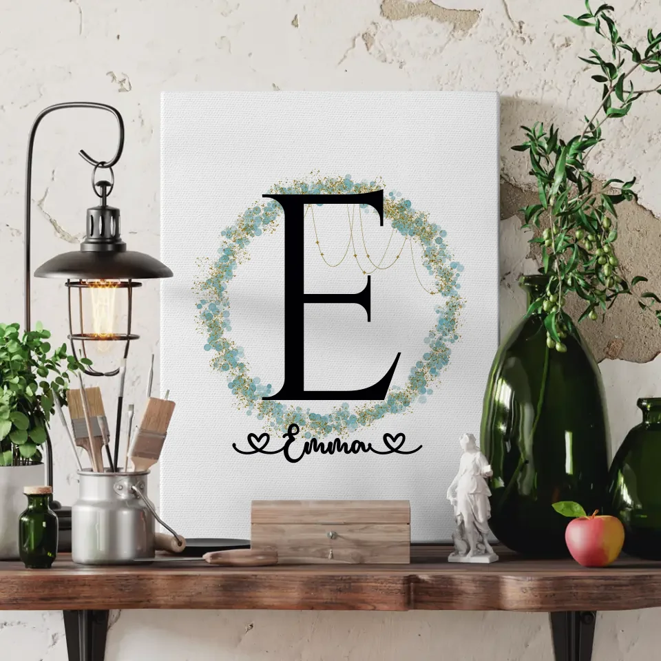 Personalisierte Leinwand mit Anfangsbuchstaben E und Blätter Kranz 3