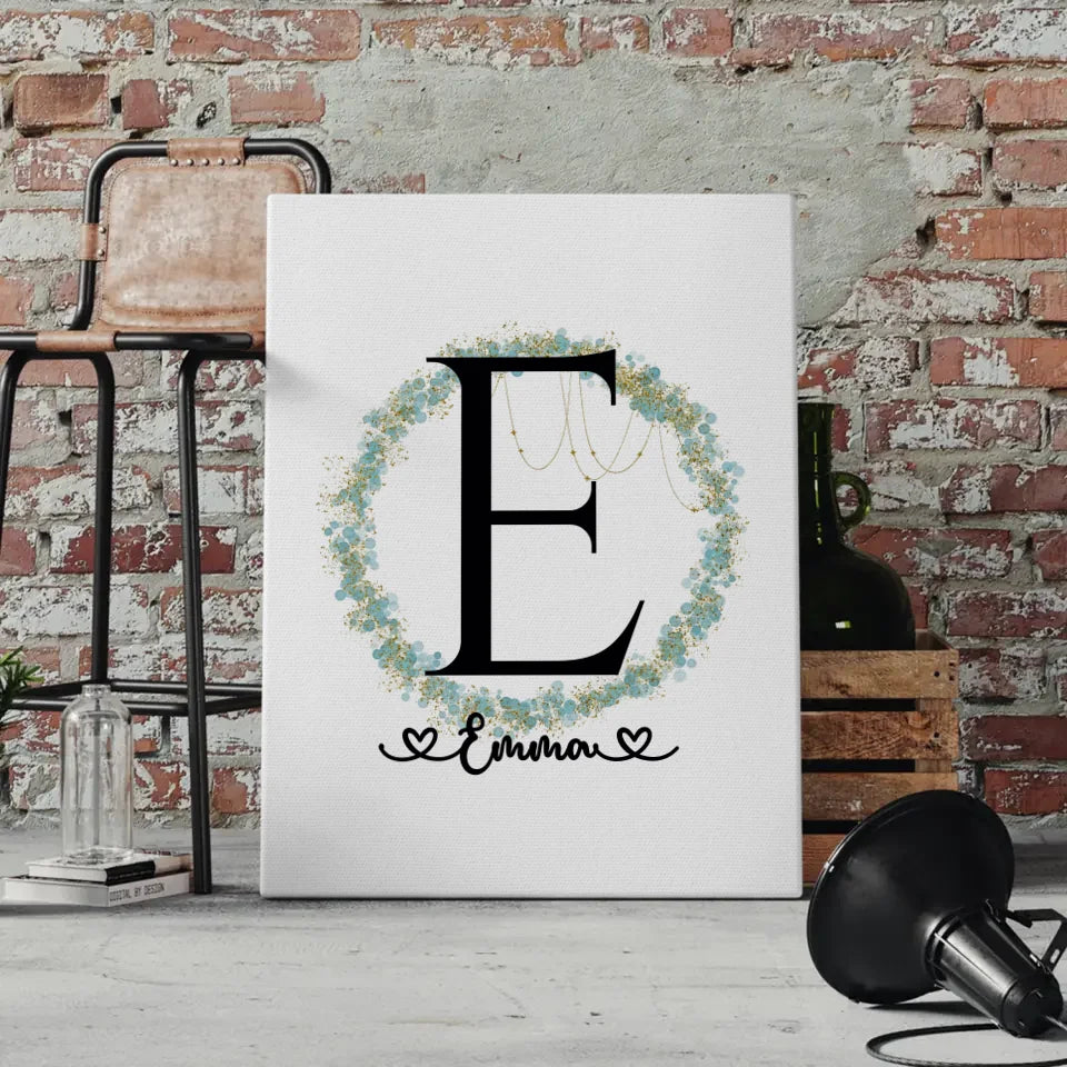 Personalisierte Leinwand mit Anfangsbuchstaben E und Blätter Kranz 4