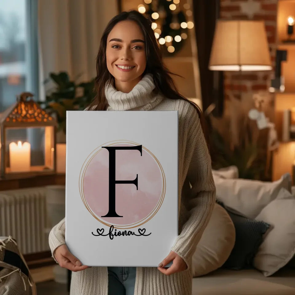 Personalisierte Leinwand mit Buchstabe F Wasserfarbe Kreis Rose 2