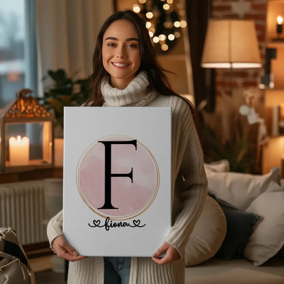 Personalisierte Leinwand mit Buchstabe F Wasserfarbe Kreis Rose 2