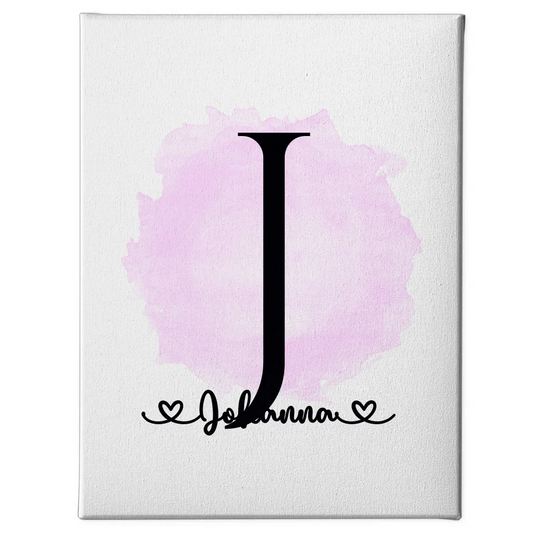 Personalisierte Leinwand mit Anfangsbuchstaben J Pinsel Klecks Rosa 1