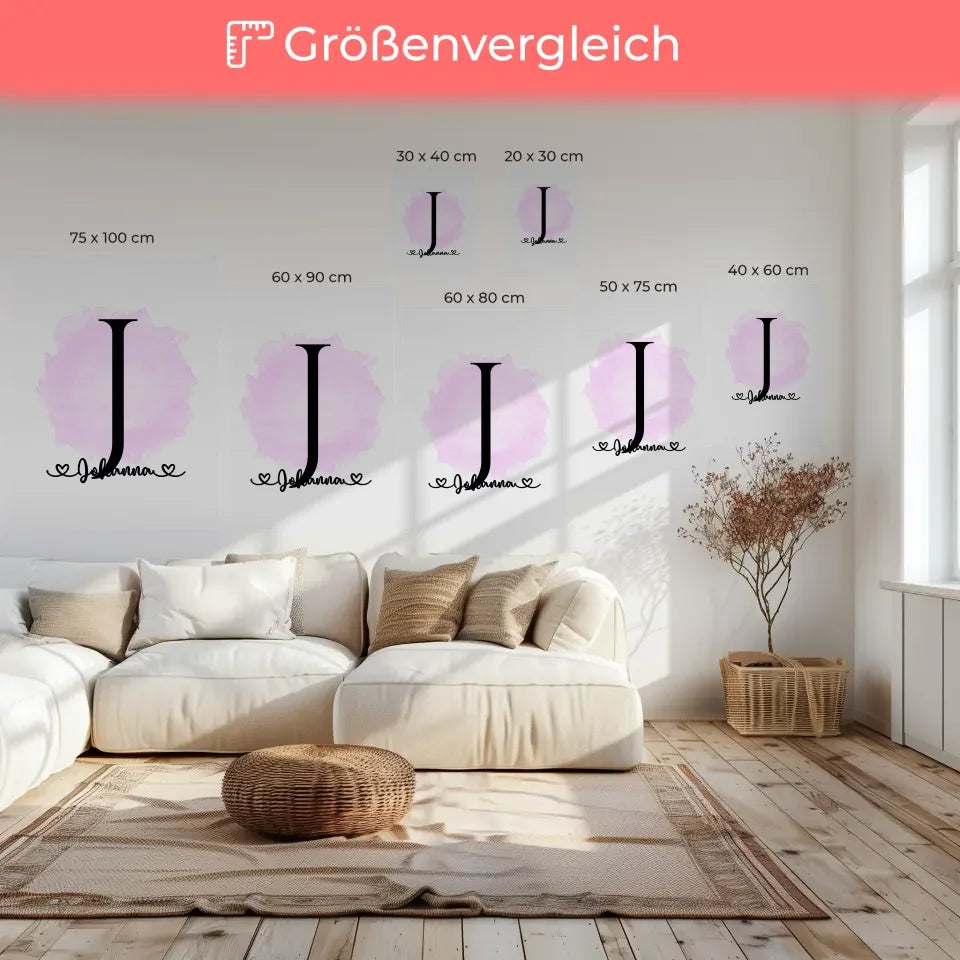 Personalisierte Leinwand mit Anfangsbuchstaben J Pinsel Klecks Rosa