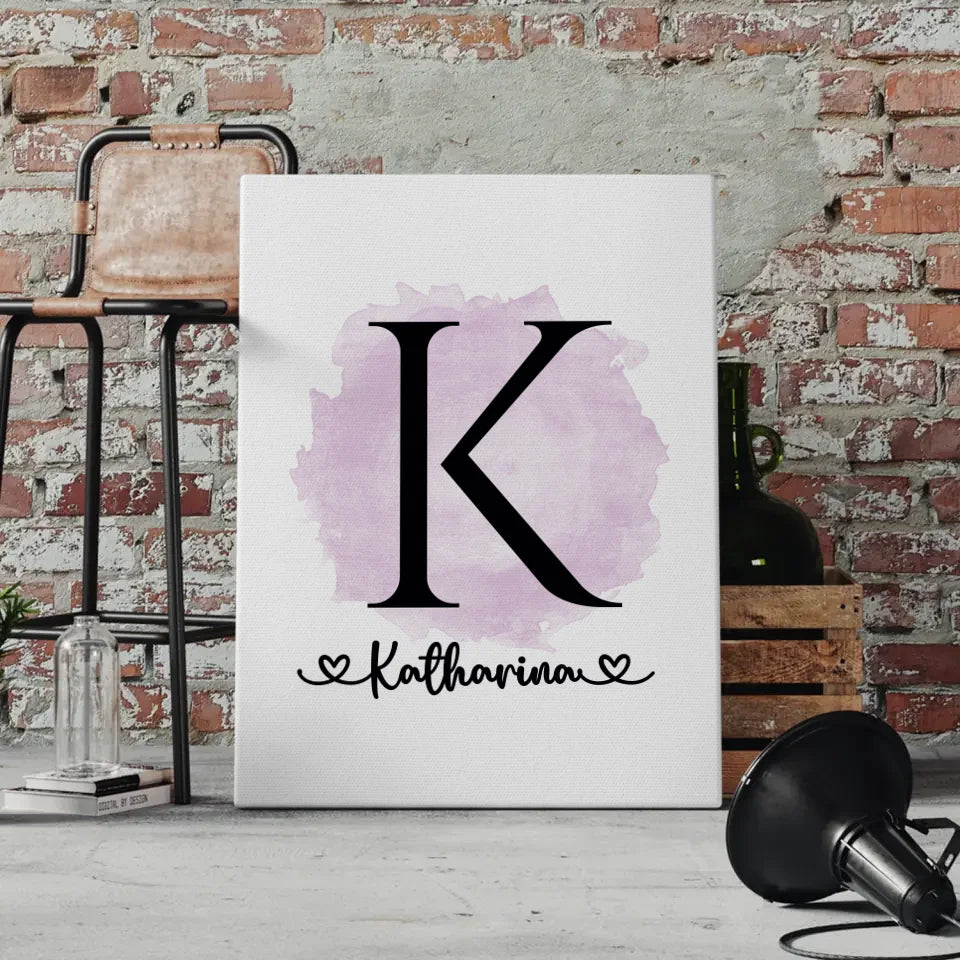 Personalisierte Leinwand mit Buchstaben K Pinsel Klecks Pink A-Z