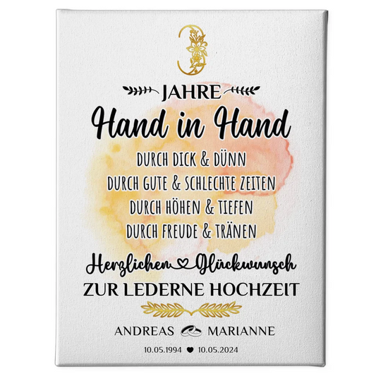 Personalisierte Leinwand Geschenk 3 Hochzeitstag zur Lederne Hochzeit mit Namen