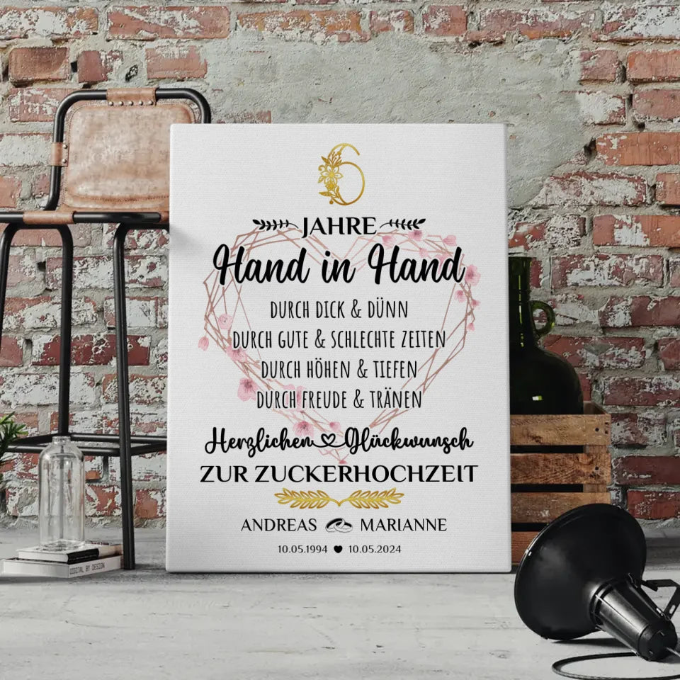 Personalisierte Leinwand Geschenk 6 Hochzeitstag zur Zuckerhochzeit mit Namen